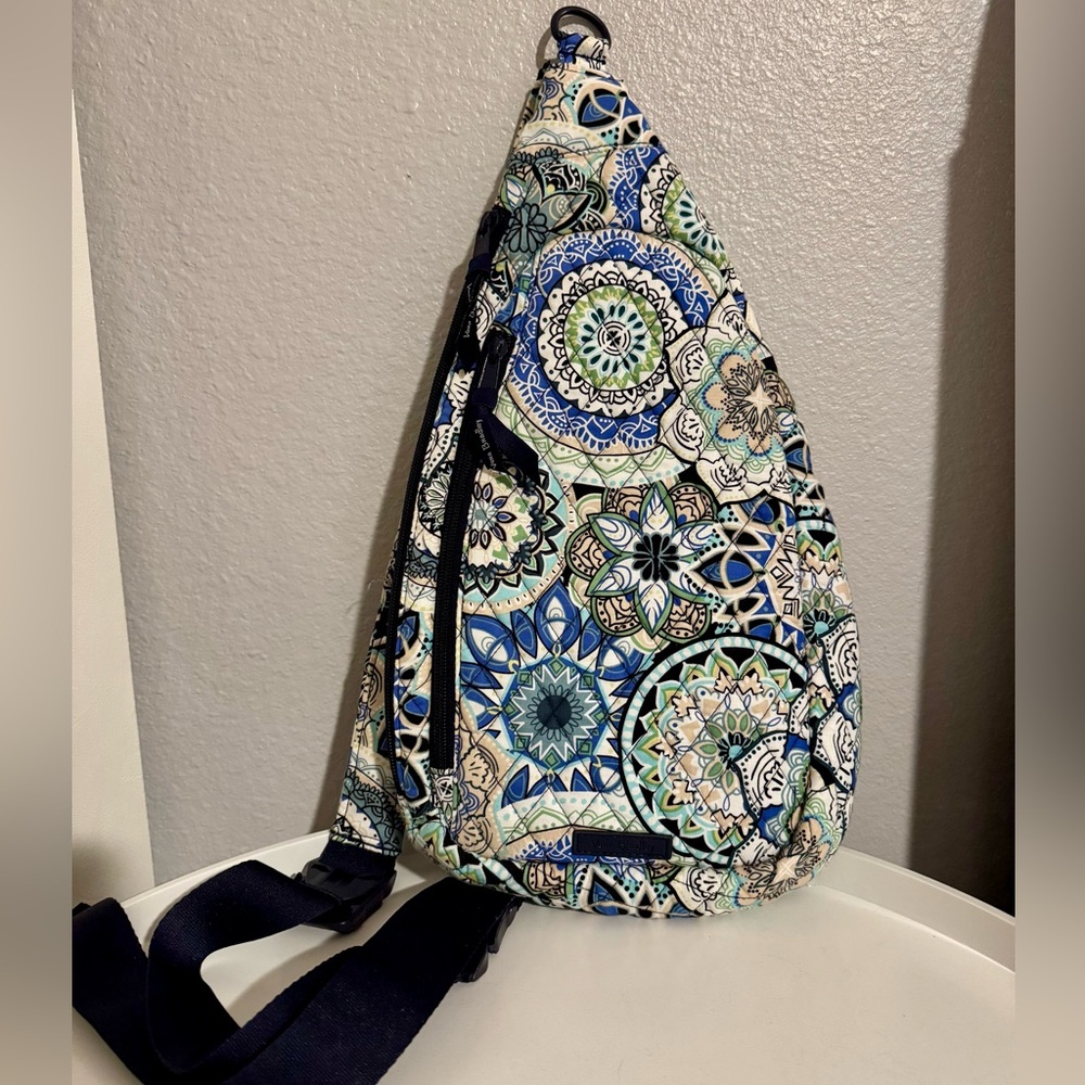 Vera Bradley blue & green sketched medallion sling/crossbody bag.